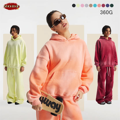 ZODF Trendy Men Washed 360gsm Fleece Hoodies Unisex Oversized Warm Paint Distressed Hooded Pullovers Winter Coat HY0947