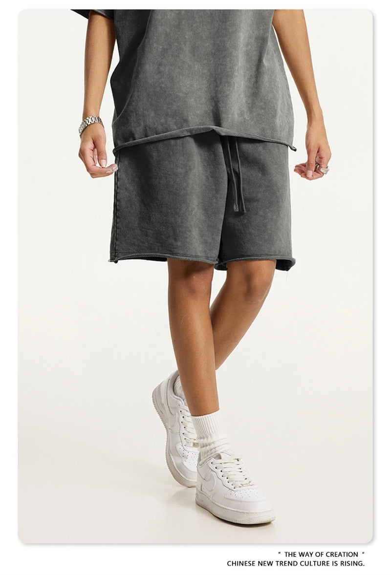 ZODF New 2025 Men Summer Loose Edge Washed Cotton Shorts Unisex Retro High Street Distressed 330gsm Shorts Brand Clothes HY1056