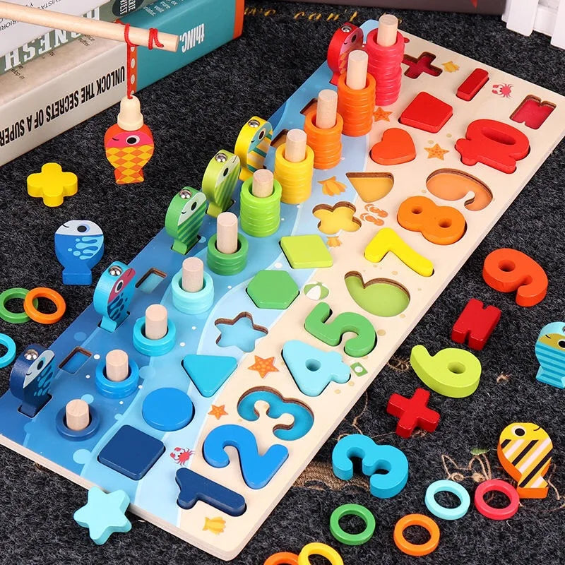 Kids Montessori Math Toys for Toddlers Wooden Educational Puzzle Fishing Counting Number Shape Matching Sorter Game
