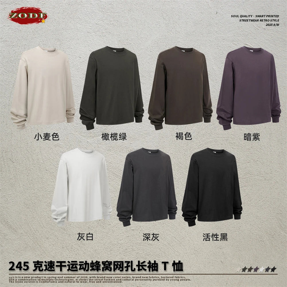 ZODF Trendy Autumn Full Sleeve 245gsm T-Shirts For Men Unisex Loose Solid Quick Dry Antibacterial T Shirt Brand Tees HY1162