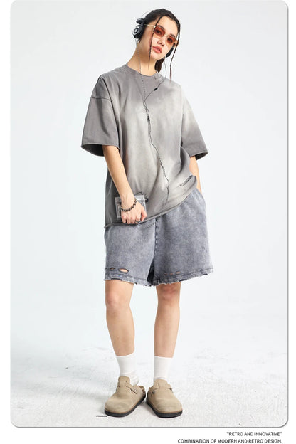 ZODF Retro Summer Men Washed 100% Cotton T-Shirts Unisex High Street Oversized Distressed Broken Neck T Shirt Brand Tees HY1050