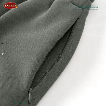 ZODF New Men's Winter Solid 345sm Fleece Straight Pants Unisex Loose Comfortable Sport Zipper Pockets Trousers HY0868