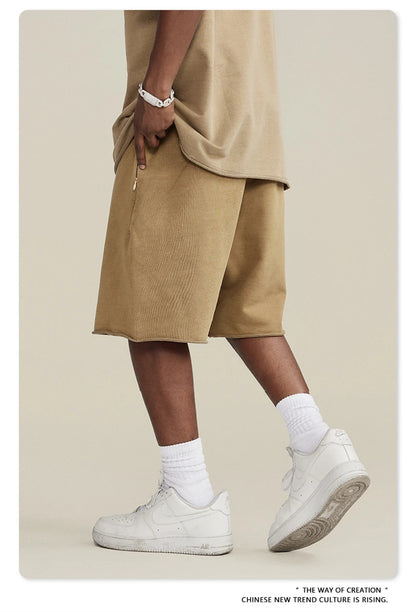 ZODF New Summer Men Retro Washed Shorts Unisex Drawstring Loose Edge 420gsm Solid Knee Length Cotton Pants Streetwears HY0589