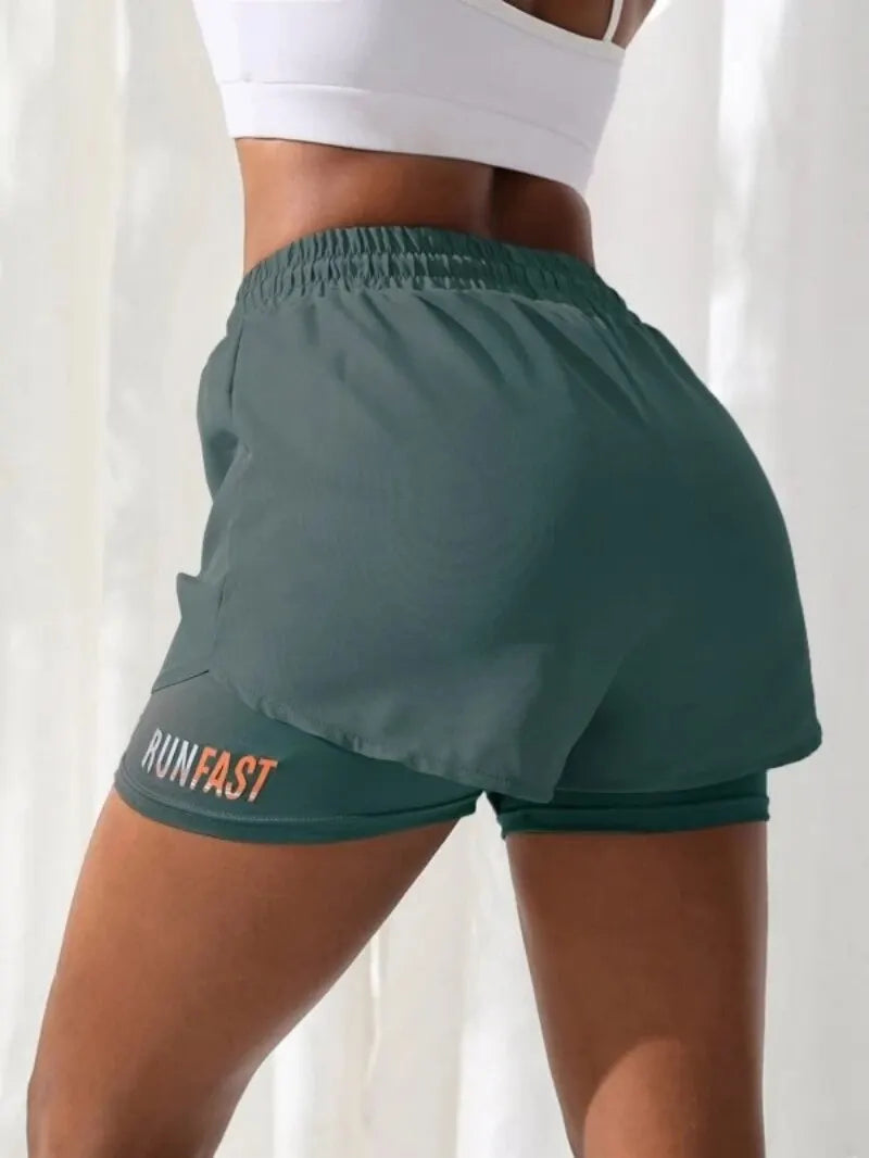 Women’s High Rise Elastic Waist Yoga and Running Shorts Fake Two-Piece Design - green / L