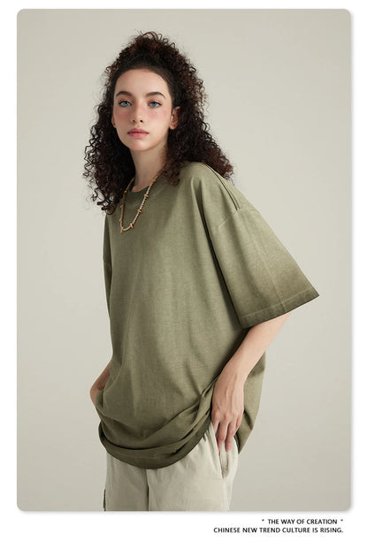 ZODF 2023 Men's Summer 255G Wash Gradient Fried Cotton T Shirt Round Neck Short Sleeve American Retro Loose T-Shirt HY0547