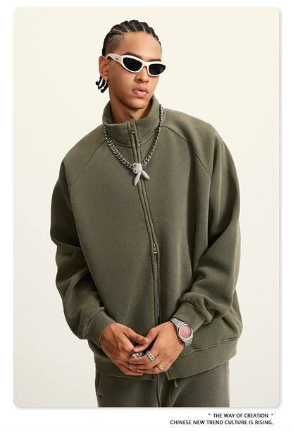 ZODF Retro Winter Men Washed Fleece Zipper Jackets Unisex Loose Oversized 400gsm Raglan Sleeve Coats Streetwears HY0649