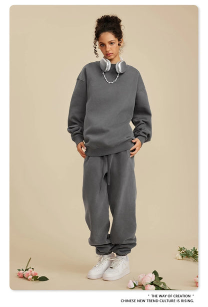 ZODF New Men Winter 355gsm Washed Fleece Sweatshirts Retro Unisex Oversized Solid O-Neck Warm Pullovers Coat Streetwears HY0639