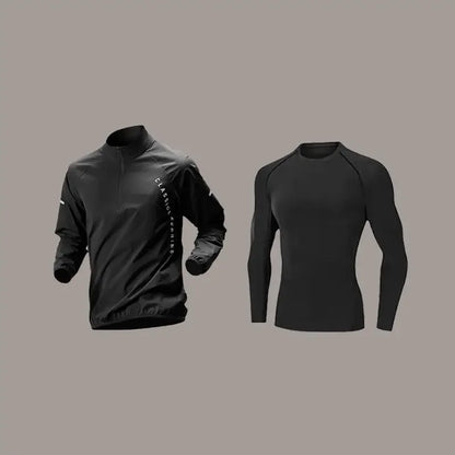 Men’s Quick-Dry Autumn Long-Sleeve Zipper Sports Set for Running Cycling Gym and Training - 2Black / XXL