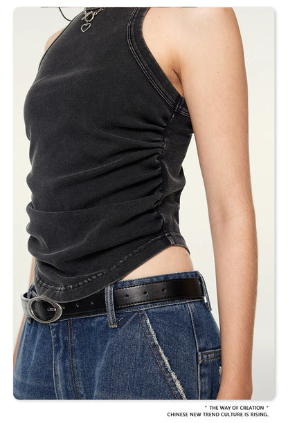 ZODF Women 2024 Summer Washed Tank Tops Female Hotsweet Girls 235gsm Slim Pleated Arc Hem Camisole TEE Streetwears HY0795