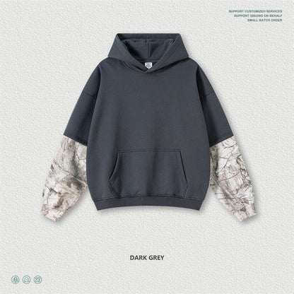 ZODF Fashion Winter Fake 2-Piece 340gsm Fleece Hoodies For Men Unisex High Street Camouflage Sleeve Hooded Pullovers HY1153