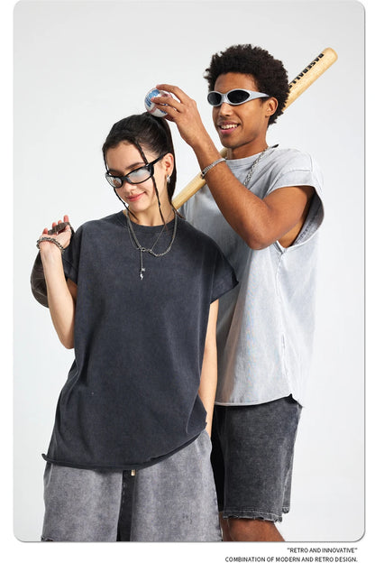 ZODF Trendy Summer Men Batik Washed 275gsm Cotton Tank Tops Unisex Oversized Loose Edge Sleeveless Vests Brand Tees HY1036