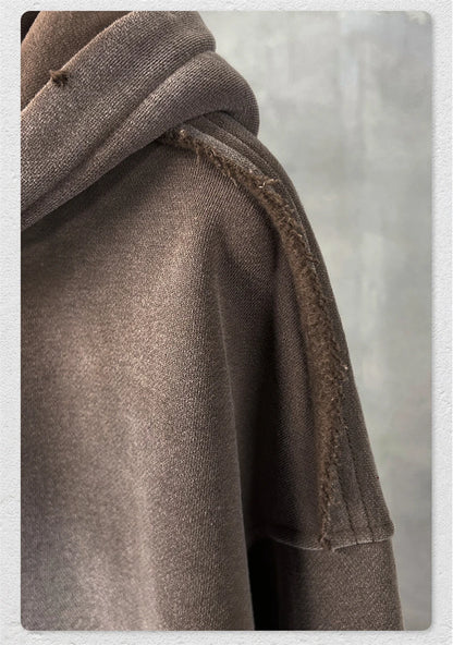 ZODF Retro Winter Men 400gsm Monkey Washed Zipper Hoodie Unisex High Street Loose Edge Ripped Distressed Hooded Pullovers HY1117