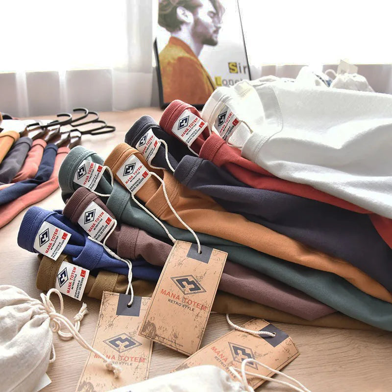 Summer New American Retro Short-sleeved O-neck Soild Color T-shirt Men's Fashion Simple 100% Cotton Washed Casual Sport Tops