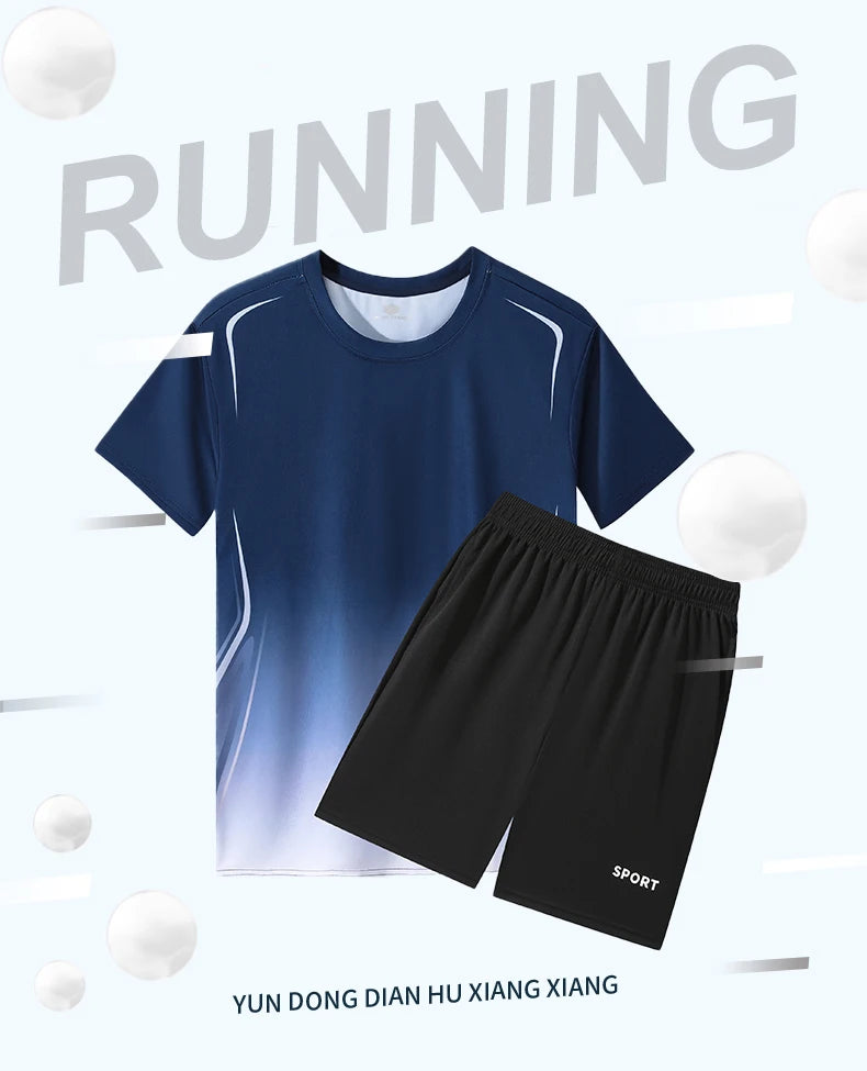 Chrlck Unisex Gradient Quick-Dry Ice Silk Fitness T-Shirt and Shorts Set for Running Gym Training