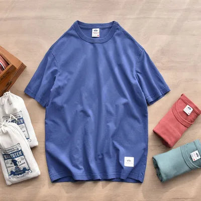 Summer New American Retro Short-sleeved O-neck Soild Color T-shirt Men's Fashion Simple 100% Cotton Washed Casual Sport Tops