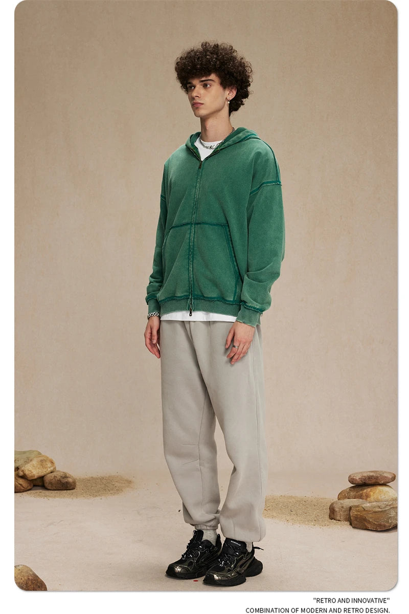 ZODF Retro Men's Heavyweight 450gsm Zipper Hoodies Unisex Loose Distressed Washed Batik Knitted Hooded Coat Jacket HY0889