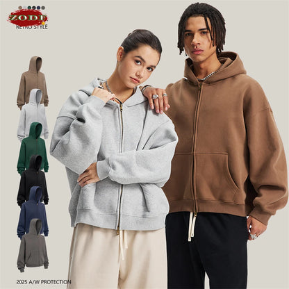 ZODF Trendy 2025 Winter Man Solid Fleece Boxy Hoodies Unisex 350gsm Double Head Zipper Hooded Sweatshirts Coat HY1122