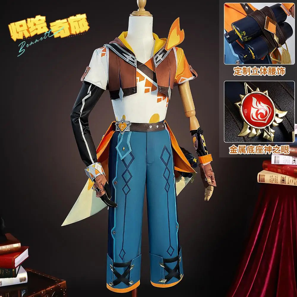 Genshin Impact Bennett Cosplay Costume Wig Adventures in Blazing Hue Uniform Headwear Mondstadt Halloween Party Women Men Props