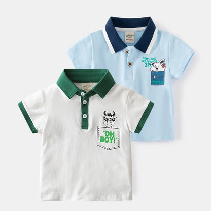 80-130cm Kids Polo Shirts 3 to 4 Year Boy Clothes Cotton Short Sleeve Children's Shirt Blue Dino Bunny Print Tops Summer T-shirt