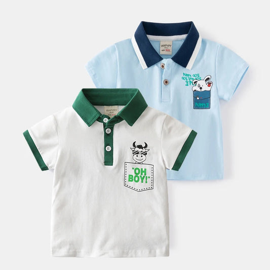 80-130cm Kids Polo Shirts 3 to 4 Year Boy Clothes Cotton Short Sleeve Children's Shirt Blue Dino Bunny Print Tops Summer T-shirt