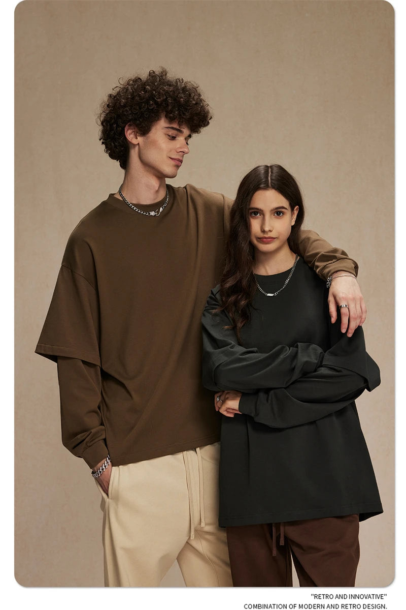 ZODF Fashion Spring Autumn Men 100% Cotton T-Shirt Unisex Fake 2-Piece 305gsm Solid Full Sleeve O Neck T Shirt Brand Tees HY0925