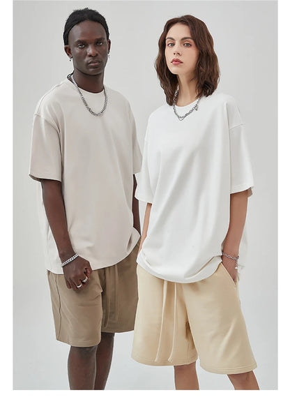 ZODF New Summer Men 275gsm Cotton T Shirts Unisex Women High Street Oversized FG Noshrink Solid T-Shirt Streetwears HY0152