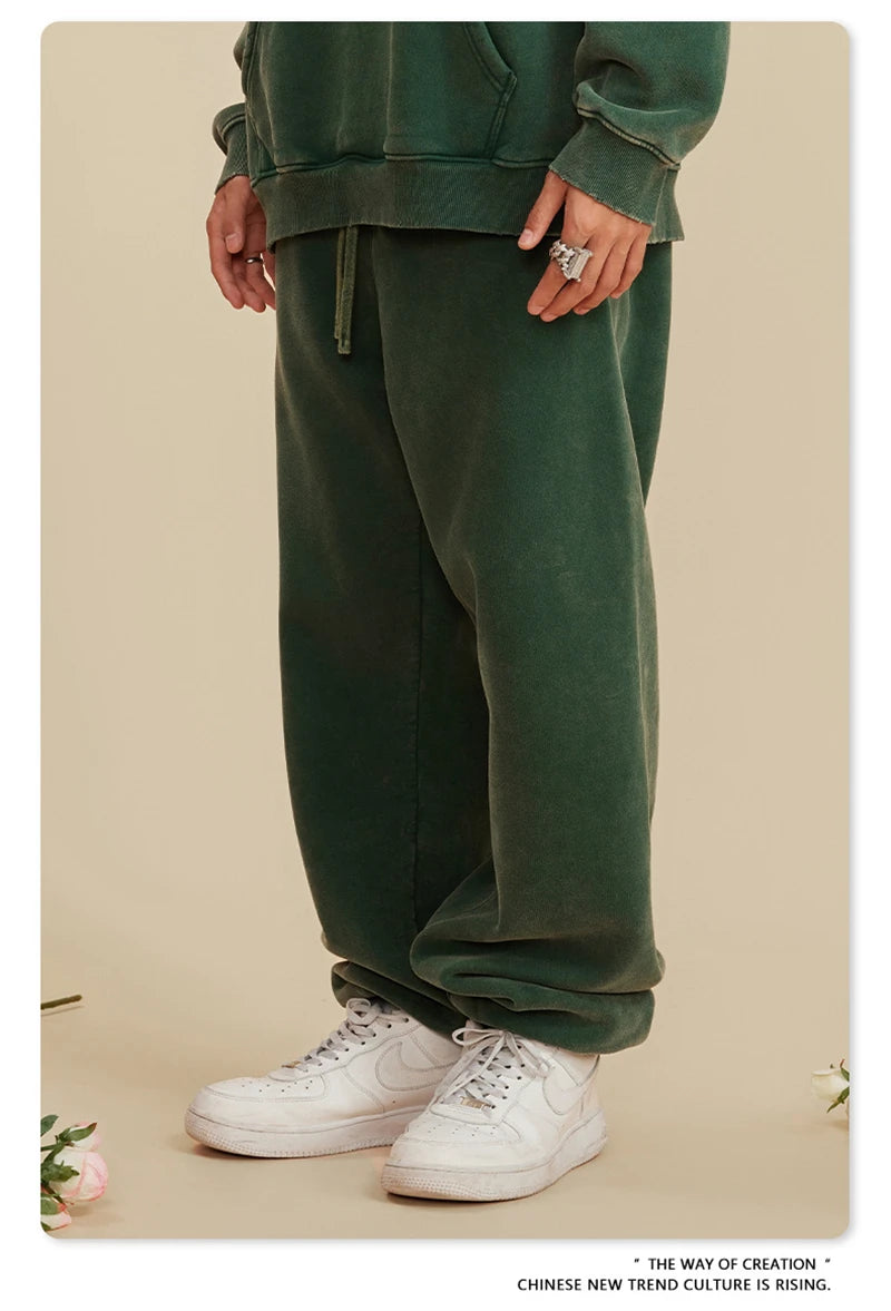 ZODF Winter Men Washed Thick Fleece 400gsm Loose Fit Joggers Sweatpants Streetwear HY0668
