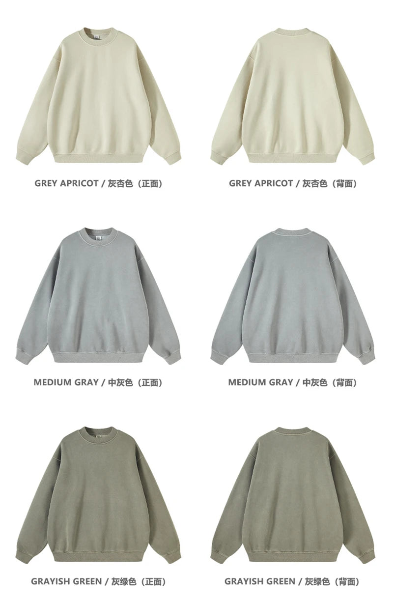 ZODF New Men Winter 355gsm Washed Fleece Sweatshirts Retro Unisex Oversized Solid O-Neck Warm Pullovers Coat Streetwears HY0639