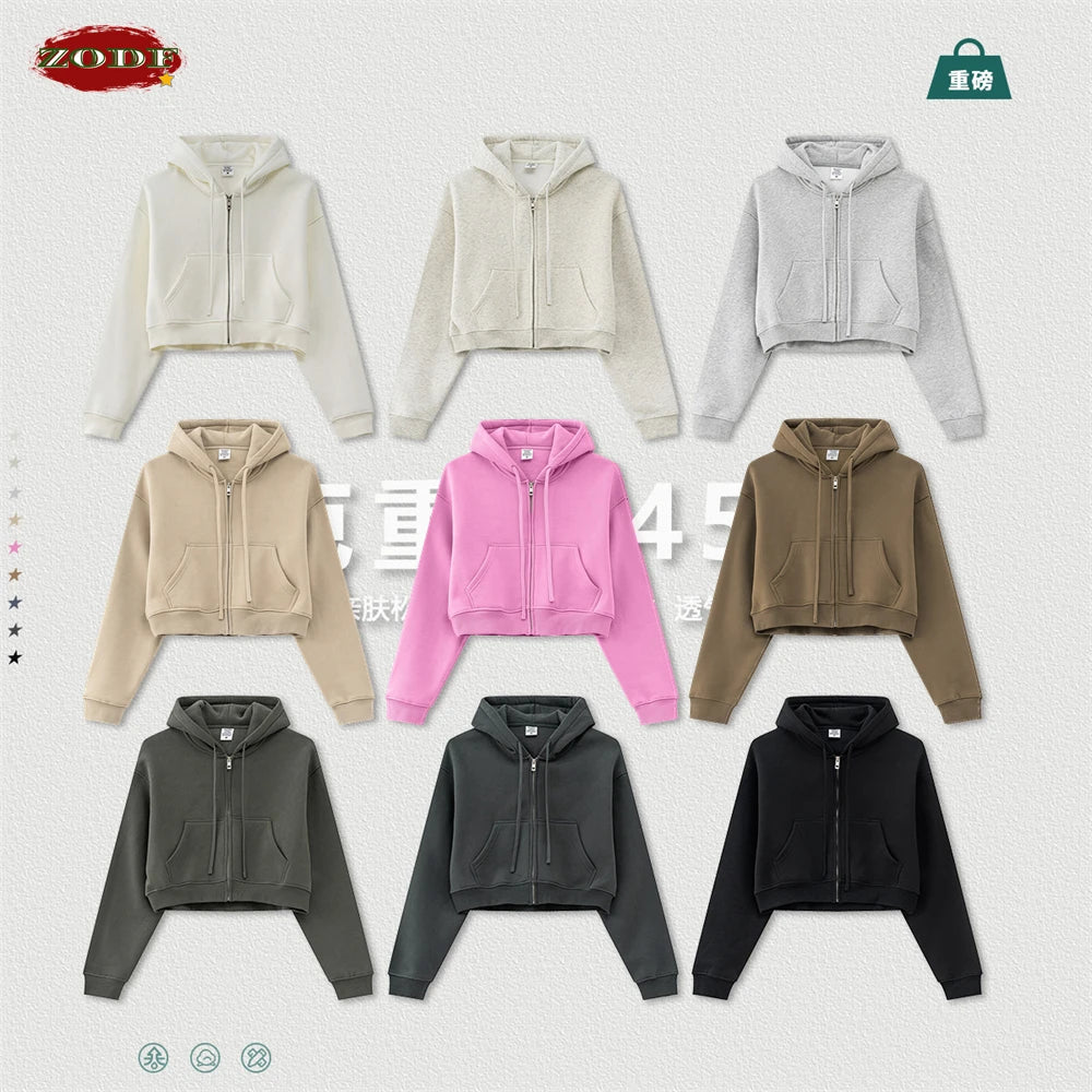 ZODF 2024 Winter Women Zipper Crop Hoodies Female Girls Solid 345gsm Warm Fleece Short Hooded Zip-Up Coat HY0911