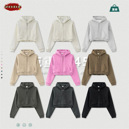 ZODF 2024 Winter Women Zipper Crop Hoodies Female Girls Solid 345gsm Warm Fleece Short Hooded Zip-Up Coat HY0911