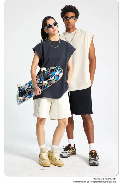 ZODF Trendy Men Summer Solid Cotton Tank Tops Unisex Oversized 275gsm Patchwork Sleeveless Tees Vests HY1051