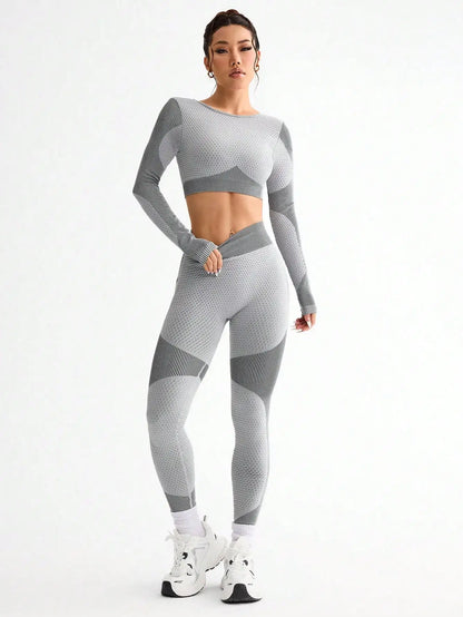 2pcs Women’s Seamless Breathable Sports Yoga Running Fitness Suit - Grey White / L