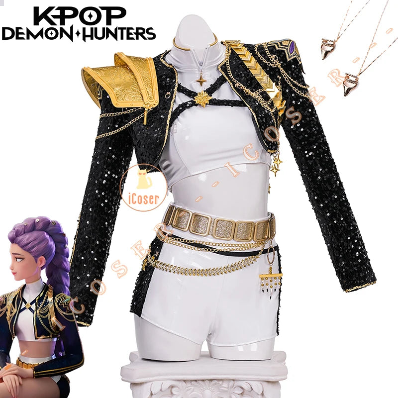 KPop Demon Hunters Rumi Cosplay Costume Black Gold Stage Costume Uniform Huntrix Performance Outfit Halloween Party Women Girls