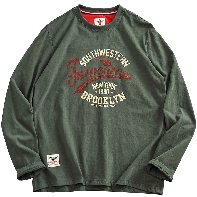 Autumn New American Retro Long-sleeved O-neck Letter Printed T-shirt Men's Fashion Simple 100% Cotton Washed Casual Sport Tops