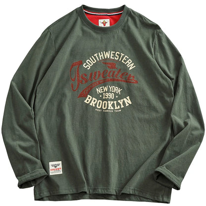 Autumn New American Retro Long-sleeved O-neck Letter Printed T-shirt Men's Fashion Simple 100% Cotton Washed Casual Sport Tops