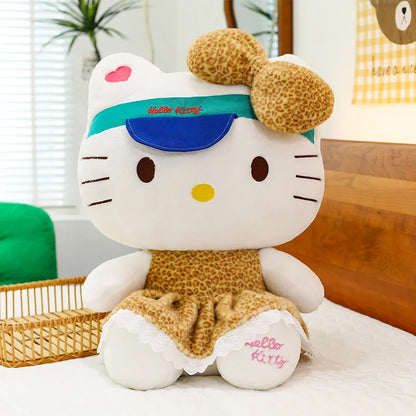 New Sanrio Plush Leopard Print Baseball Cap KT Cat Hello Kitty Stuffed Animal Kitten Pillow Doll for Kids Birthday Xmas Gift For