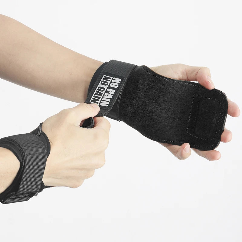 Cowhide Gym Grips Gloves Weightlifting Fitness Pull Up Crossfit Workout Anti-Slip Wear-Resistant Palm Protection - Black