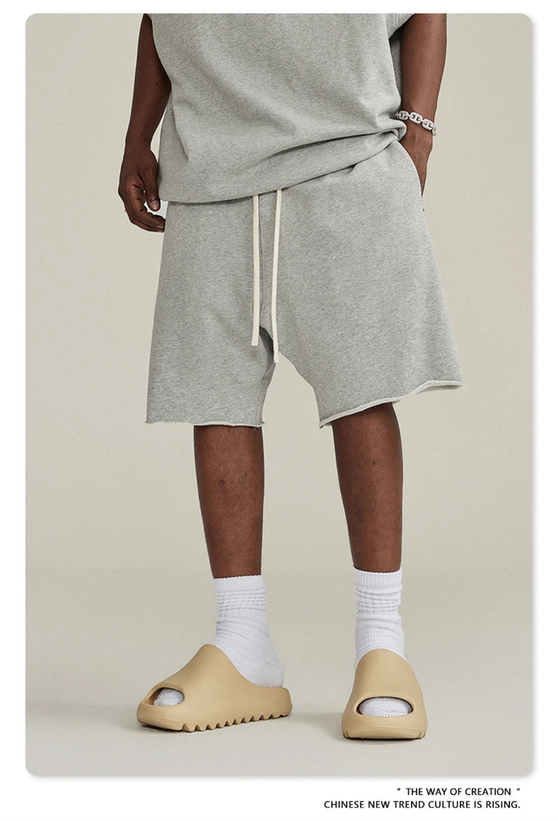 ZODF New Summer Men Retro Washed Shorts Unisex Drawstring Loose Edge 420gsm Solid Knee Length Cotton Pants Streetwears HY0589