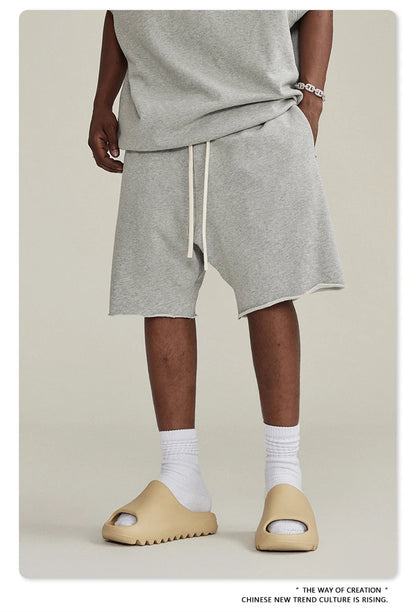 ZODF New Summer Men Retro Washed Shorts Unisex Drawstring Loose Edge 420gsm Solid Knee Length Cotton Pants Streetwears HY0589