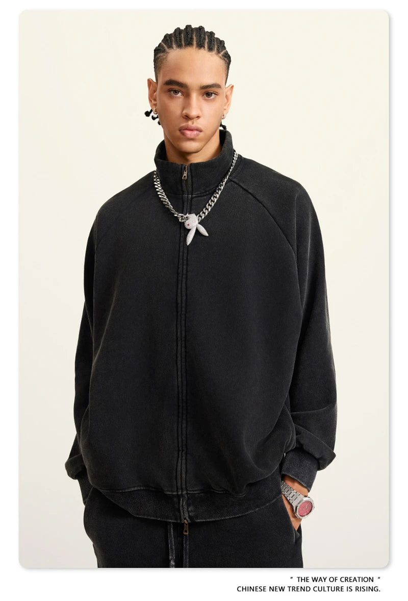 ZODF Retro Winter Men Washed Fleece Zipper Jackets Unisex Loose Oversized 400gsm Raglan Sleeve Coats Streetwears HY0649