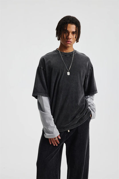 ZODF Retro Fake 2-Piece Cotton T-Shirts For Man Unisex Distressed Full Sleeve Washed O Neck T Shirt Brand Tees HY1156