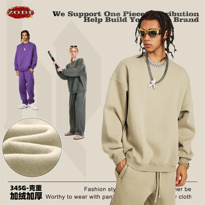 ZODF 2024 Winter Men 345gsm Fleece Sweatshirts Unisex Women Casual Loose Warm Solid O-Neck Pullovers Streetwears HY0865