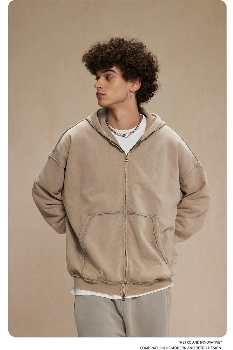 ZODF Retro Men's Heavyweight 450gsm Zipper Hoodies Unisex Loose Distressed Washed Batik Knitted Hooded Coat Jacket HY0889