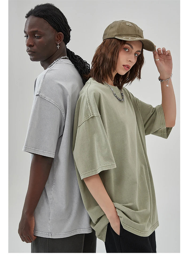 ZODF New Spring Summer Washed Cotton Solid T Shirts For Men Unisex High Street Loose Edge Oversized Noshrink T-Shirt Tee HY0465
