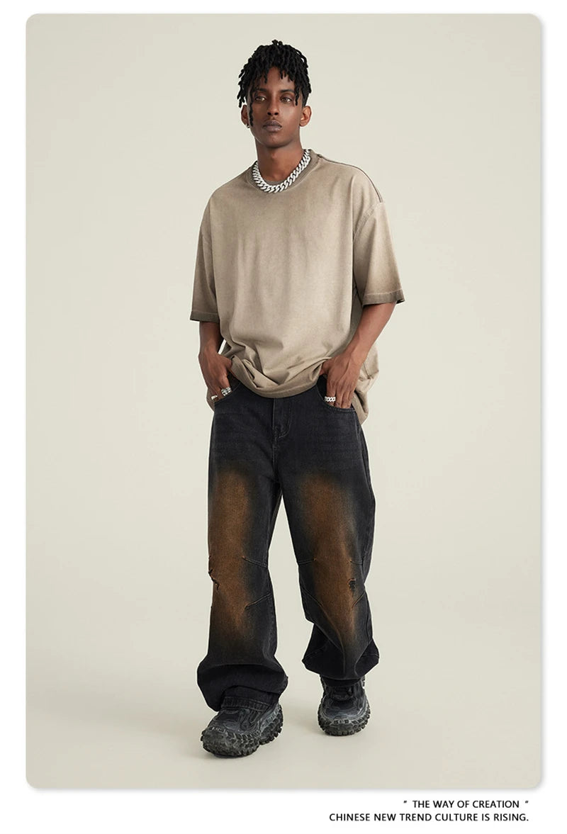 ZODF 2023 Men's Summer 255G Wash Gradient Fried Cotton T Shirt Round Neck Short Sleeve American Retro Loose T-Shirt HY0547