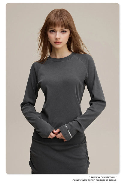 ZODF Sexy Autumn Washed 275gsm Full Sleeve T Shirt For Women Ladies Girls Slim Fit Distressed T-Shirts Tops HY1145