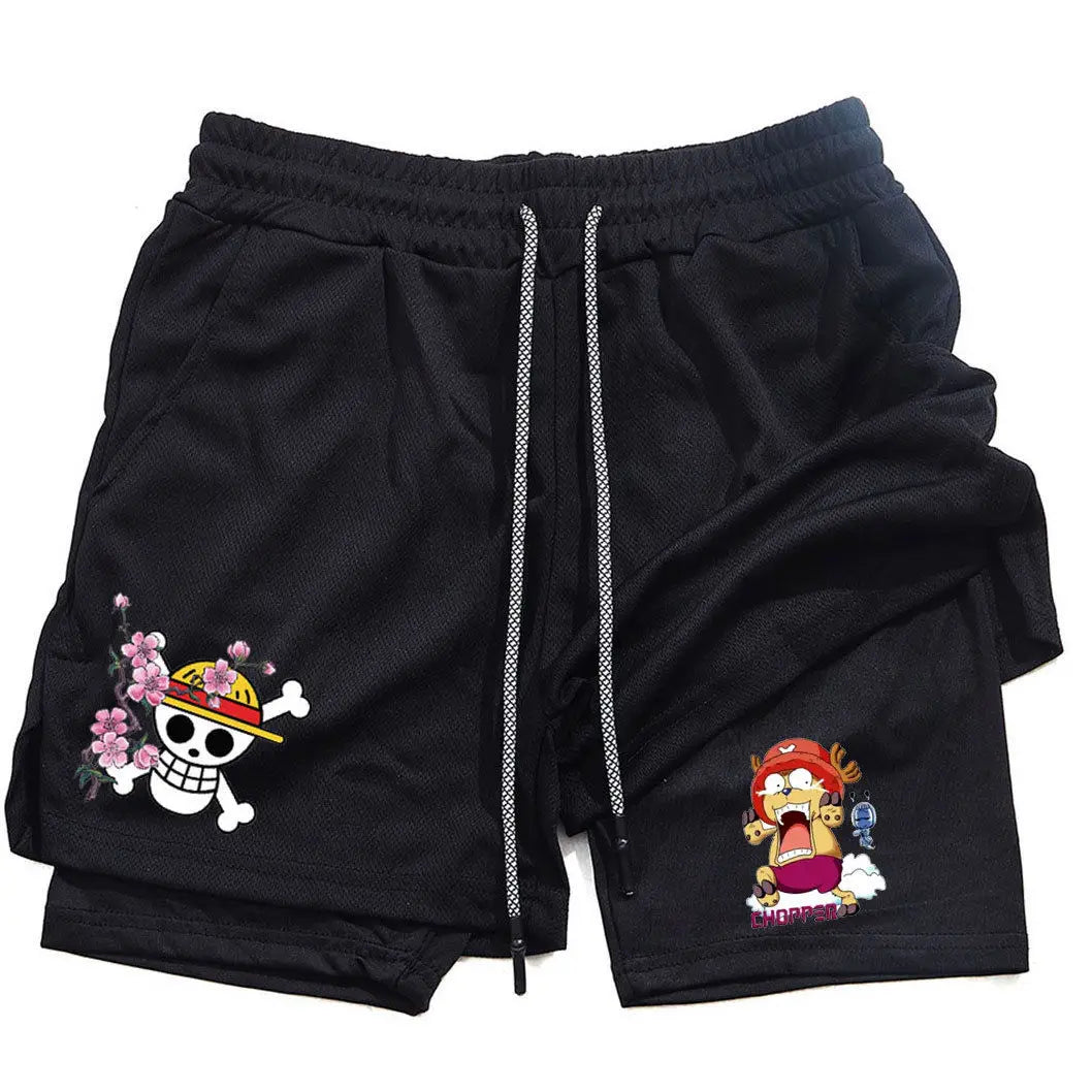 New Summer One Piece Anime Gym Shorts Man Women Double-Layer Mesh Breathable Sports Shorts Y2k Casual Fitness Quick-drying Pants