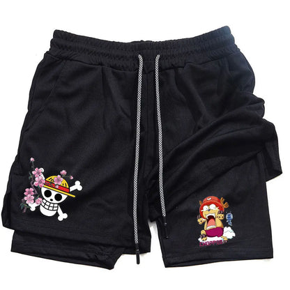 New Summer One Piece Anime Gym Shorts Man Women Double-Layer Mesh Breathable Sports Shorts Y2k Casual Fitness Quick-drying Pants