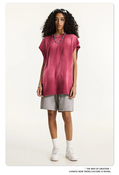 ZODF 2025 Summer 285gsm Washed Tank Tops For Men Unisex American Retro Cut Distressed Oversized Sleeveless TEE Vest HY1006