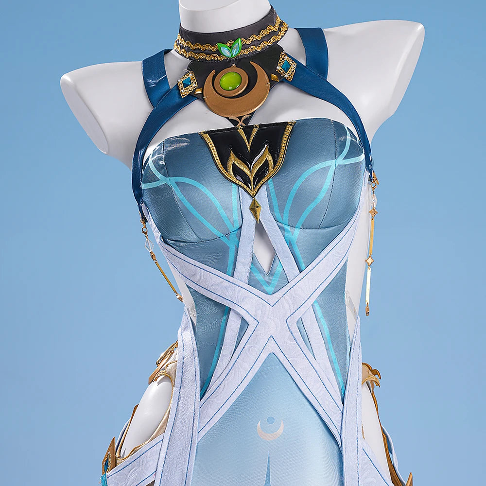 Genshin Impact Lauma Cosplay Costume Wig Dress Uniform Headwear Earrings Frostmoon Scions Halloween Party for Women Girls iCoser